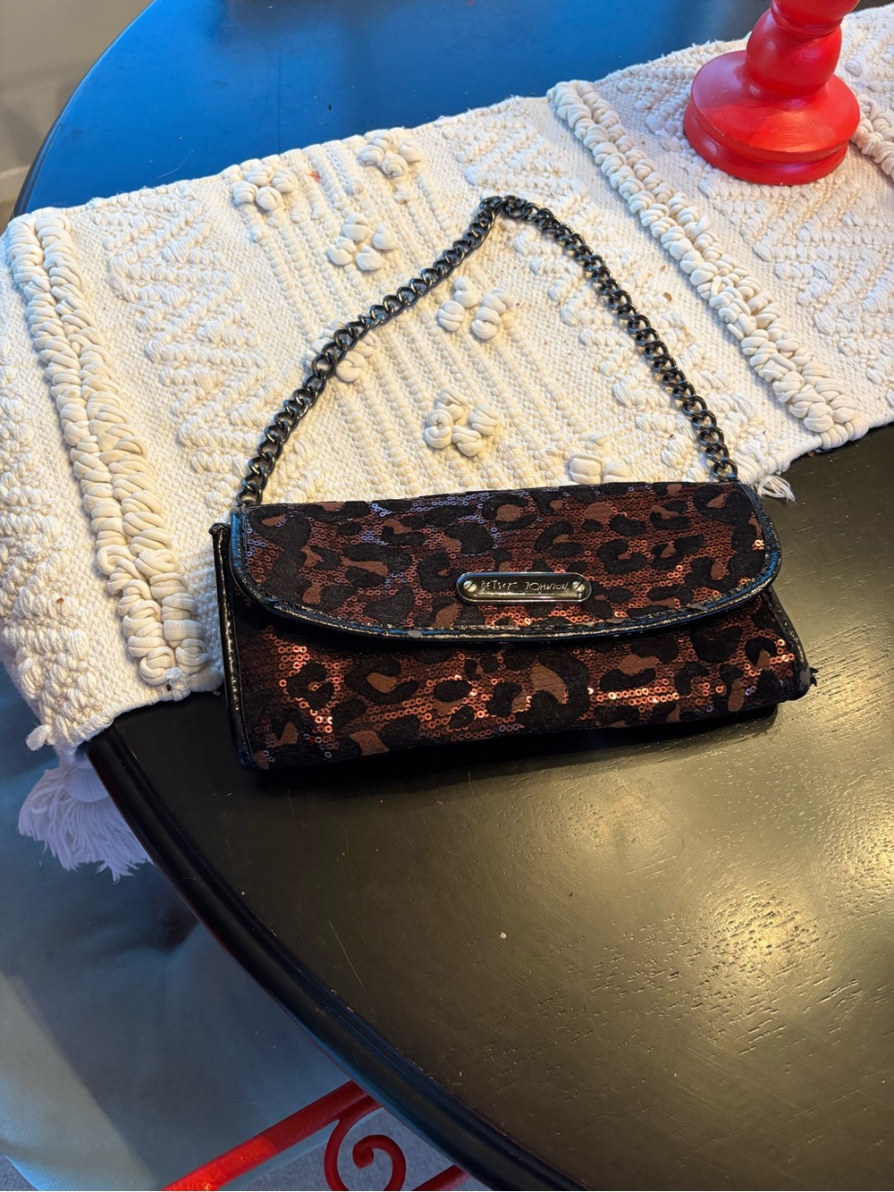 Betsey Johnson Black and Brown Sequin Leopard Mini Chain Bag
